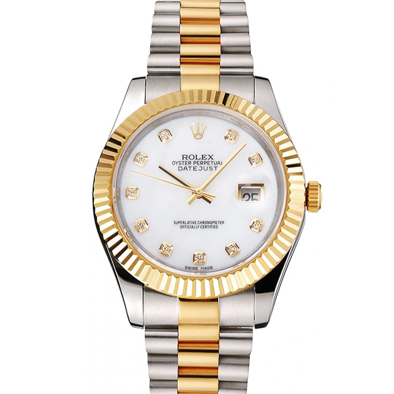 Aaa replica Steel Hour Marks Two Case Gold Bracelet Stainless Tone White Rolex Bezel Swiss Datejust Diamond Dial 0818